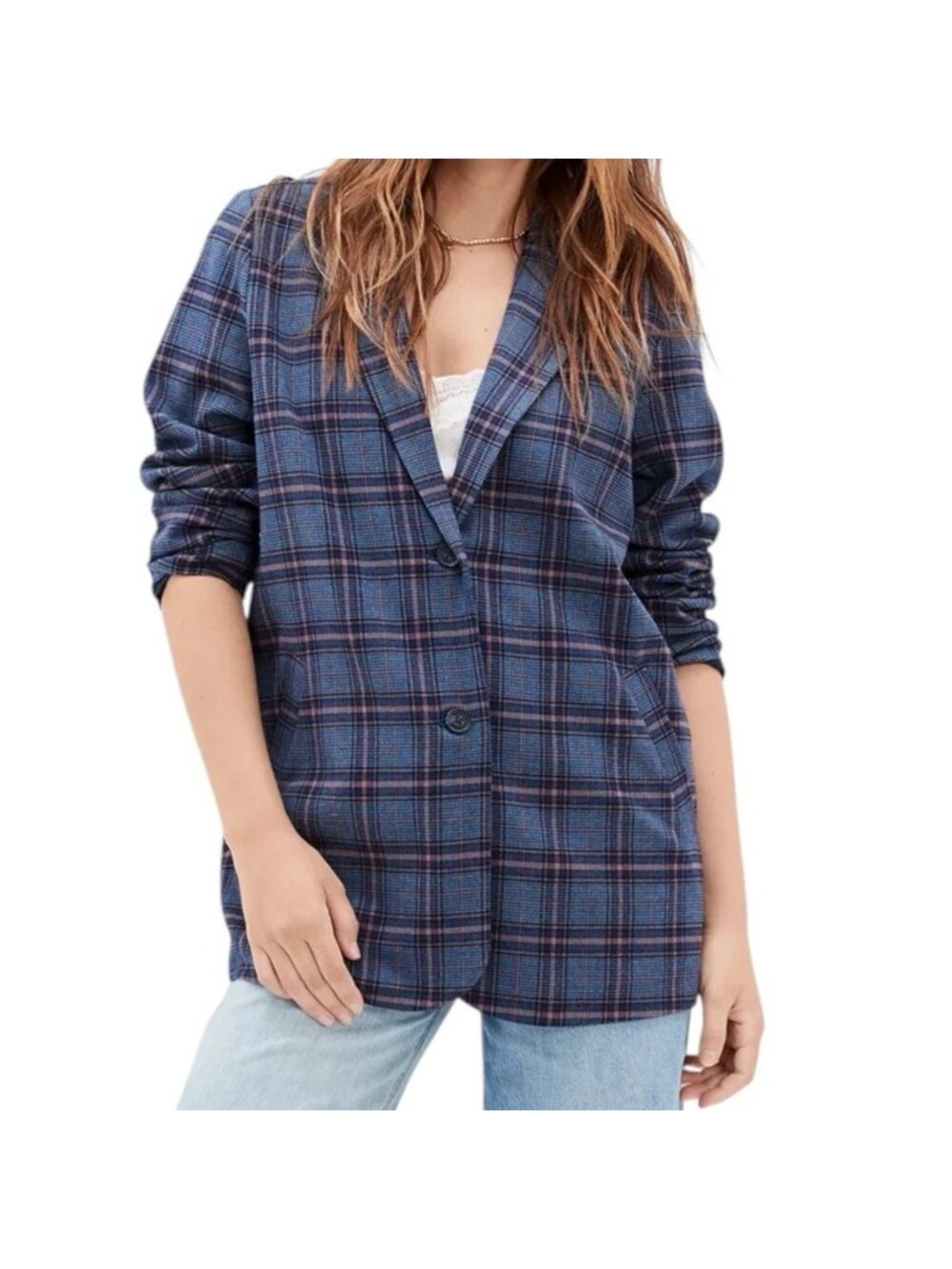 American Eagle Womens Plaid Blazer Relaxed Fit Blue Pink Oversized Size XS